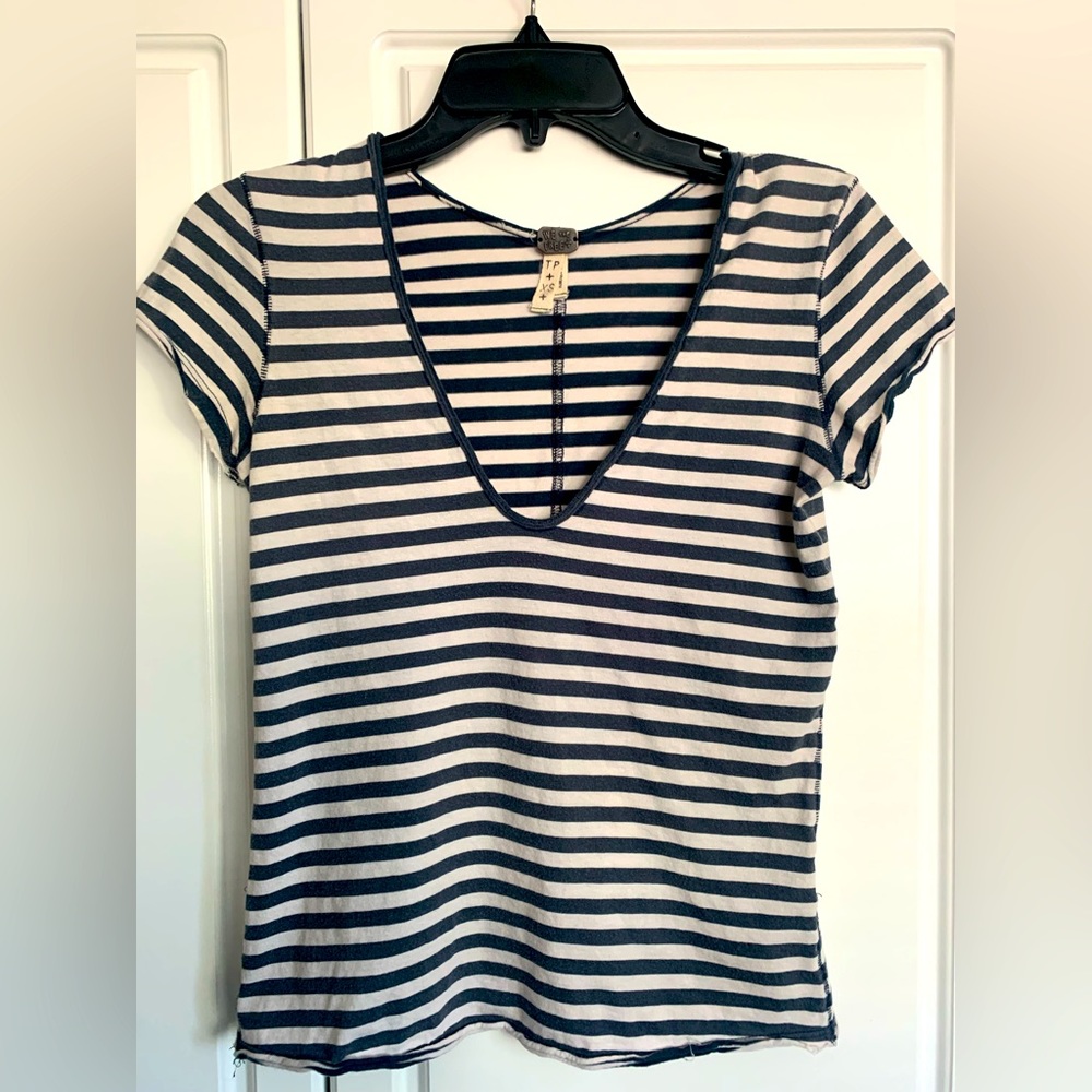We The Free Navy and White Striped Short Sleeve Tee